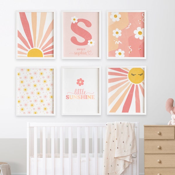 Little Sunshine Printable, Rainbow Art Set of 6 Prints, Boho Nursery Print, Sun Nursery Decor, Girl Room Decor, Sunshine Girl watercolor