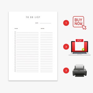 May include: A printable to-do list with a checklist, date, and notes section. The image also shows three steps to download and print the list: 1. Buy Now, 2. Download PDF, 3. Print.