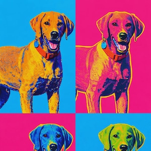 May include: Pop art style image of a Labrador Retriever in four panels. Each panel features the dog in a different color scheme: orange and yellow, pink and yellow, blue and pink, and green and yellow. The dog wears a red collar.