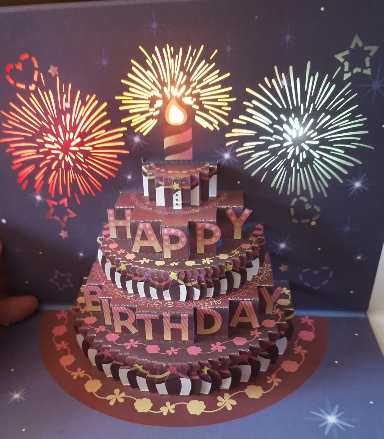 Biglietto Di Auguri Pop-up 3D Con Torta, Musica E Luci – Per Compleanni, Adulti E Bambini – Formato 18x18 Cm, Scrivibile Internamente