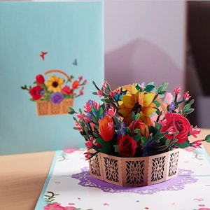 Carte personnalisée 3D avec panier de fleurs pop-up - Idéal pour les anniversaires, les anniversaires, les remerciements et toutes les occasions - Cadeau carte de voeux unique