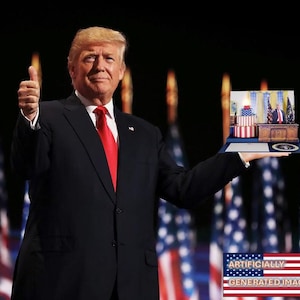 May include: A man in a black suit and red tie holds a miniature model of the Oval Office in his right hand. He is giving a thumbs up with his left hand. The background is blurred and shows American flags.