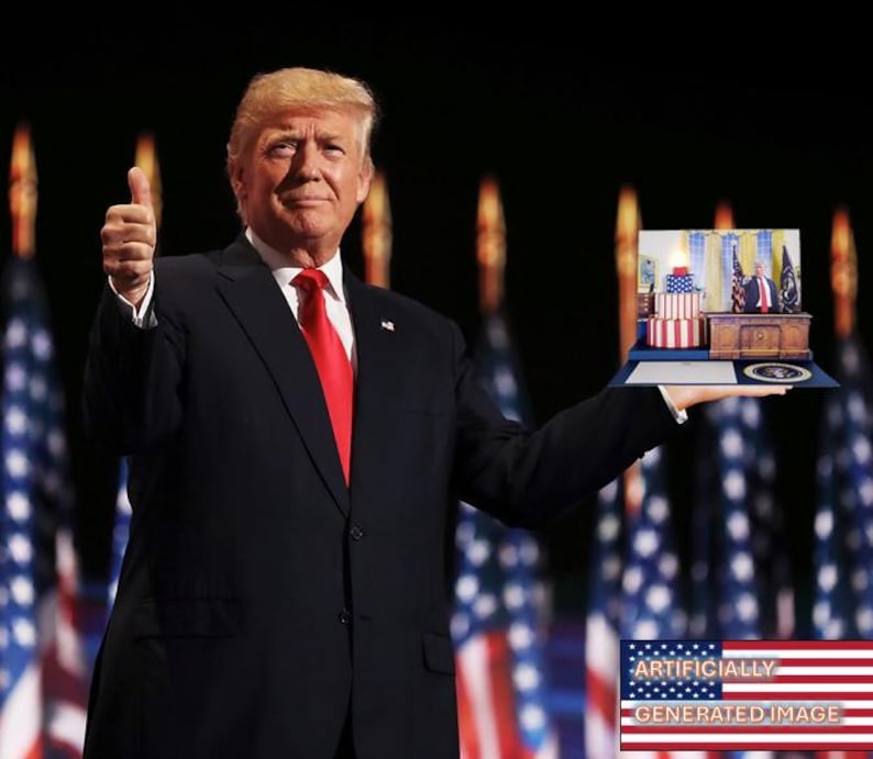 May include: A man in a black suit and red tie holds a miniature model of the Oval Office in his right hand. He is giving a thumbs up with his left hand. The background is blurred and shows American flags.