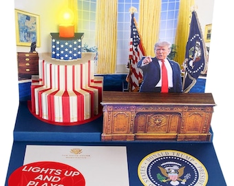 Pop-upverjaardagskaart met licht en geluid - Donald Trump zegt 'Happy Birthday' - humoristische groet voor vrienden, familie, echtgenoot