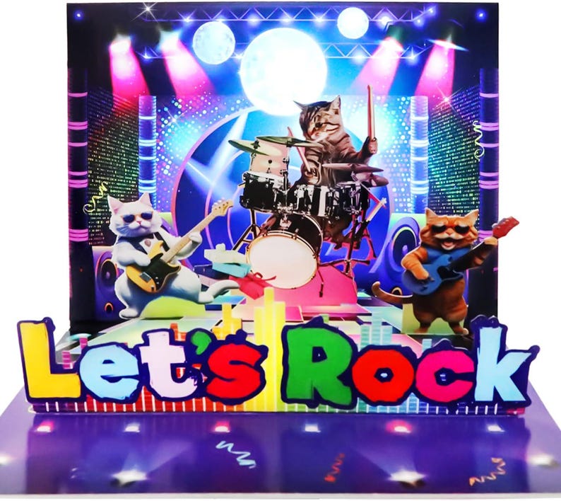 Pop Cat Instruments Rock ‘n’ Roll Cat 3D Musical Pop-up Birthday Card – Fun Interactive ...