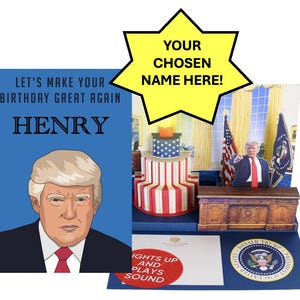 Biglietto di auguri pop-up personalizzato di Donald Trump con luci e suoni – Nome personalizzabile sul fronte – La vera voce di Trump dice "Buon compleanno" quando viene aperto