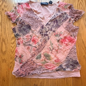 Vintage New York City Design Co Seiden-Patchwork-Top Damen Größe L Rosa Blumen Fairycore