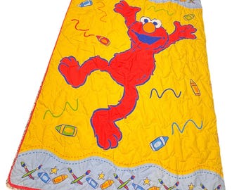 Edredón de Elmo de Barrio Sésamo Y2K para niños pequeños, color amarillo, crayones y colores primarios.