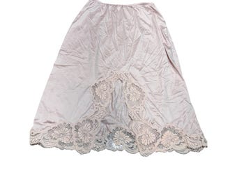 Vintage Half Slip Skirt Women M Pink Blush Lace Back Slit Trim Silky Coquette