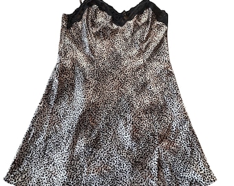 Y2K Intimate Essentials Leopard Print Silky Slip Dress Size M Lace Trim Satin