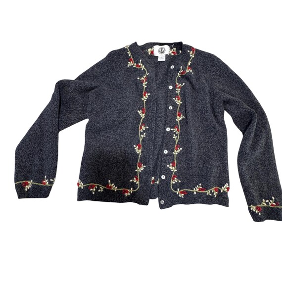 VTG Natural Instincts Cardigan Women M Lambswool Floral Embroidered Cottage Gran