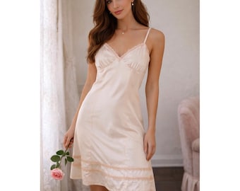 Vintage jaren 90 slipdress dames medium ivoor kanten rand zijdeachtige coquette bruidslaag