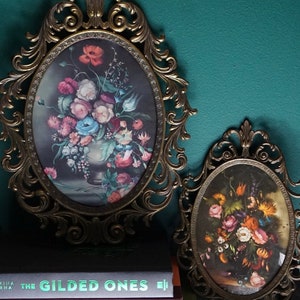 Vintage Italian Print Framed Picture Flowers Oval Ornate Metal Frame Wall Italy