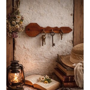 May include: A wooden key holder shaped like a key, with three hooks holding keys. The key holder is mounted on a textured, off-white wall. A vintage lantern, books, and a straw hat are in the foreground, creating a rustic aesthetic.