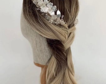 Crystal beaded mother-of-pearl flower bridal wedding engagement crown, bridal hair clip