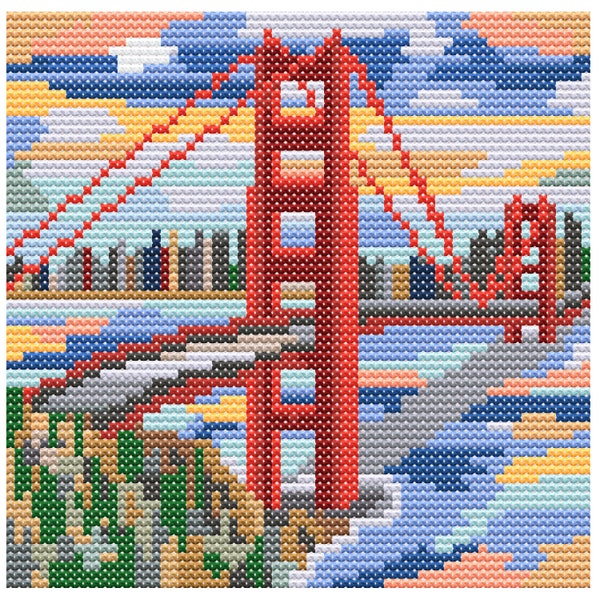 Golden Gate Bridge - San Francisco Bay - Sunset Cross Stitch 66 x 66 include full color pattern with symbols and DMC List.