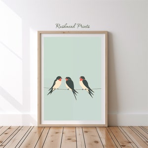 3 Schwalben Saß Auf A Draht, Drei kleine Vögel, Rauchschwalben, Mid Century Moderne Wandkunst, Vogel Poster, digitaler Download, druckbare Wandkunst