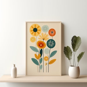 May include: A framed print of a colorful abstract floral design. The flowers are stylized and feature a variety of colors, including yellow, orange, red, green, and blue. The background is a light beige.