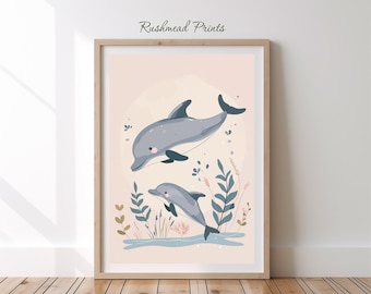 Delfino madre e cucciolo, genitore e figlio, stampa per bambini sotto il mare, arte murale con animali dei cartoni animati, simpatici delfini boho, opera d'arte stampabile