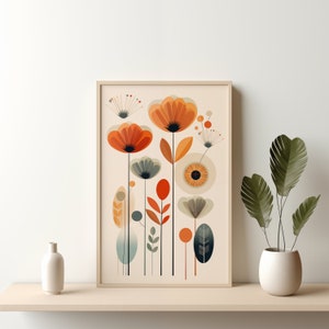 Puede incluir: Una impresión enmarcada de un diseño floral estilizado con flores naranjas, rojas y azules sobre un fondo crema.