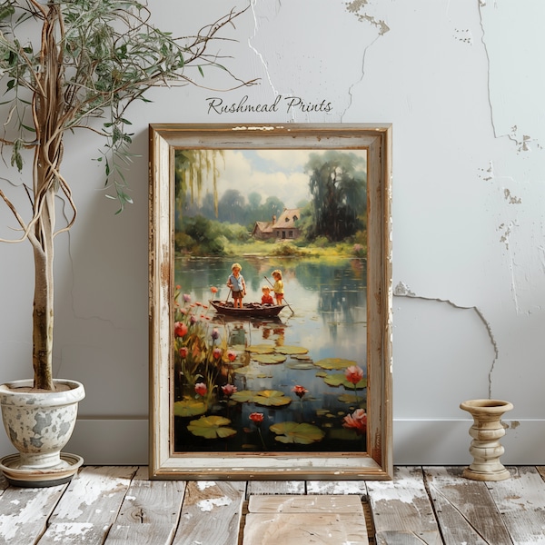 Printable Garden Wall Art, Boat On The Lake, Children Playing, Water Lily, Vintage Style Painting, Summer Artwork, Row Boat, Digital Print