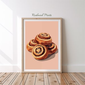 May include: A stack of four cinnamon rolls with a light brown glaze and a sprinkle of white sugar on top. The rolls are on a light pink background.