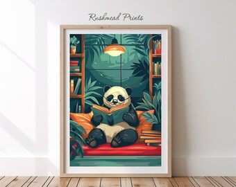 Reading Panda Art, Bookworm Poster, Cosy Reading Nook, Funny Panda Poster, Whimsical Animal, Mid Century Modern, Printable Wall Art