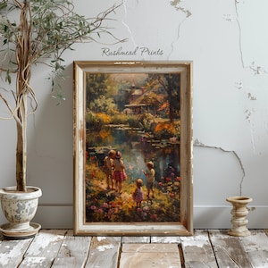 Printable Vintage Garden Wall Art, Summer Artwork, Children By Pond, Floral Print, Flower Garden, Vintage Style Painting, Downloadable Art