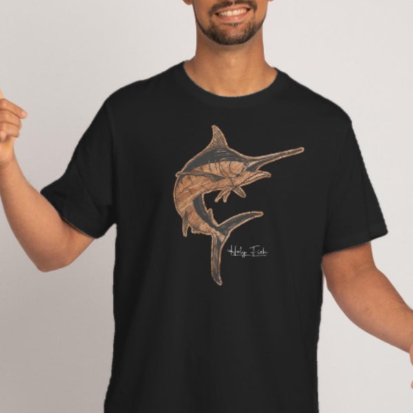 Marlin T-Shirt Angler Shirt Fischershirt von Holyfish - Schwertfisch in Holzoptik