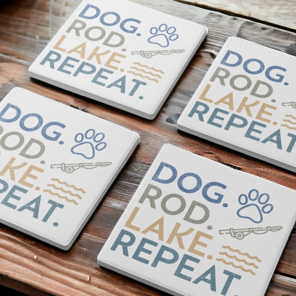 Soap Stone Coaster Set of Four | Dog Rod Lake Repeat, Lakehouse Decor Gift for Dad, Grandpa, or the Dog Loving Fisher in Your Life!