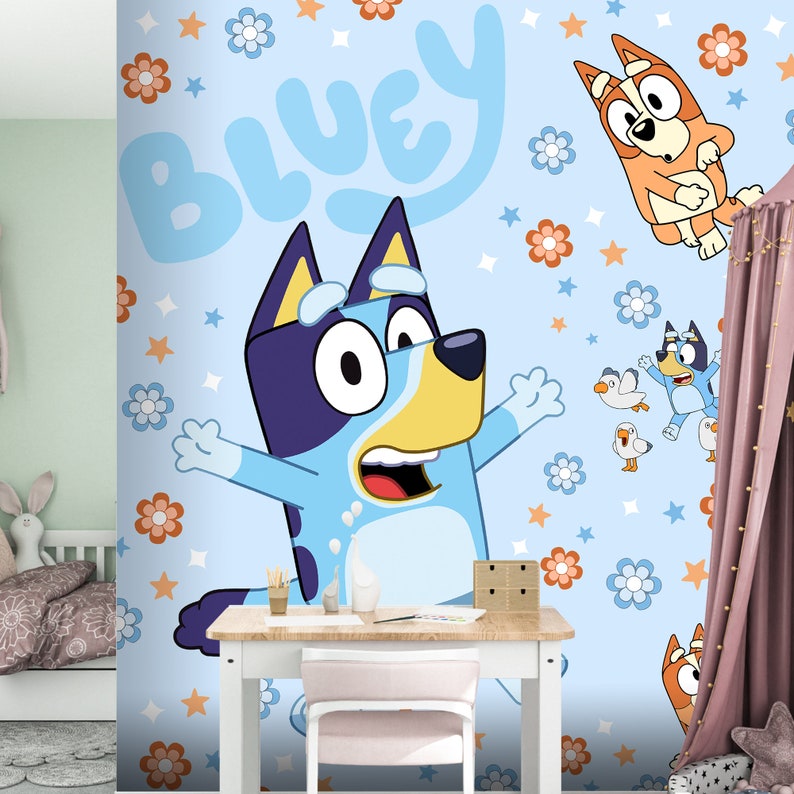 Bluey Mural, Bluey Cartoon Mural, Bluey Kids Bedroom Mural, Peel and ...