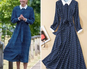 Schönes Blau Gemustertes Vintage Langarm Shirt Kleid