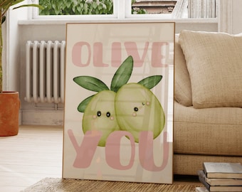 Funky retro style pastel color poster in pink and green with quote 'olive you' and olives illustration, bedroom wall art design, present
