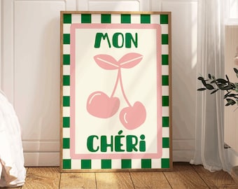 Funky retro style bright color poster in pink and green with quote 'Mon Cheri' and check pattern frame