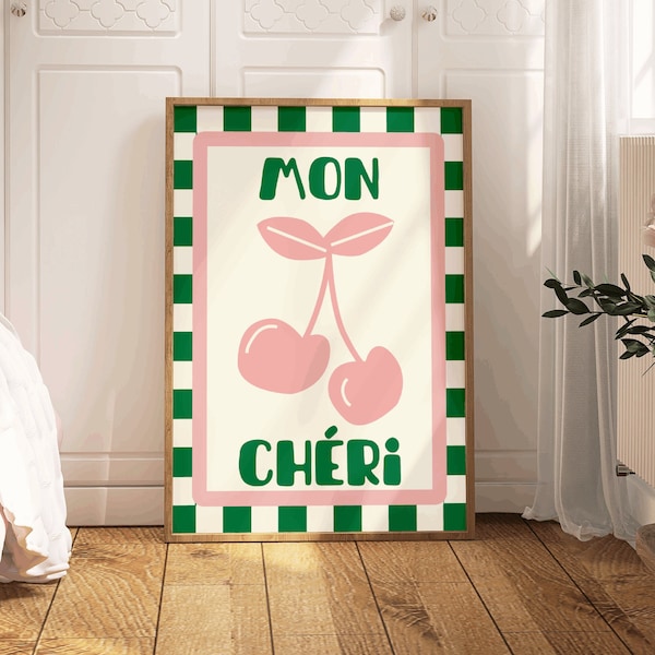 Funky retro style bright color poster in pink and green with quote 'Mon Cheri' and check pattern frame