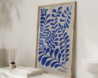 Henri Matisse inspired blue and beige color wall art design featuring abstract plant, boric, Scandinavian style poster