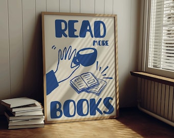 Retro 'Read More Books' Poster, Blue Beige Typography Print