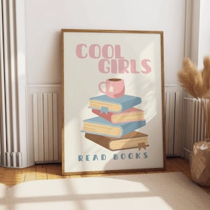 Cool girls read books quote poster with book stack illustration in pastel colors, gift idea