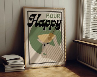 Cocktail poster with quote ‘happy hour’ retro style poster design with martini glass illustration in sage green and beige