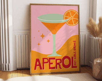 Estampa divertida e vibrante do coquetel Aperol Spritz em tons de laranja e rosa com a frase "Garotas gostosas bebem Aperol", ideia de presente, decoração para bar em casa.
