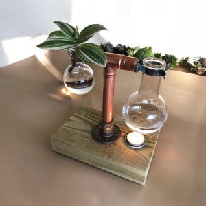 May include: A copper pipe and wood plant stand with two glass bulb vases, one holding a green and white striped plant. A small candle sits on the wooden base. The stand is a unique home decor item.