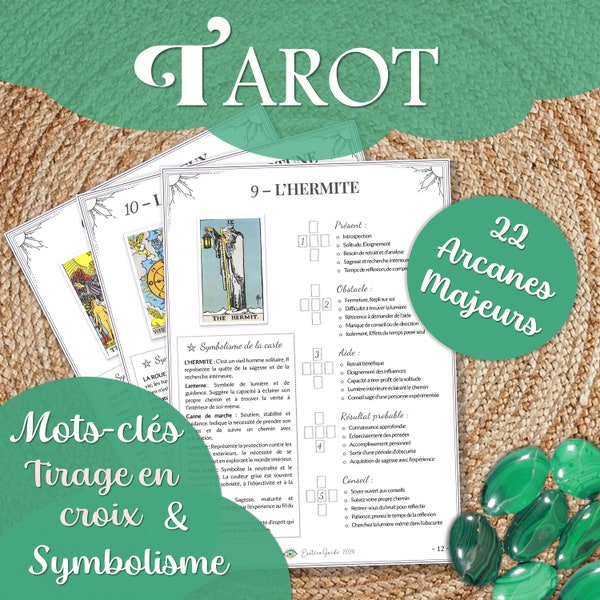 Fiches Mots clés du Tirage en croix à 5 cartes + symbolisme, Guide 22 arcanes majeurs, Tarot Rider Waite, PDF numérique, imprimable A4