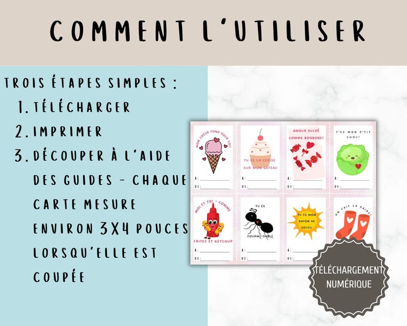 May include: A printable set of 8 Valentine's Day cards featuring cute illustrations and fill-in-the-blank spaces. The cards are approximately 3x4 inches when cut out. The instructions include downloading, printing, and cutting out the cards.