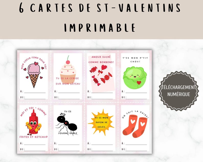 May include: Six printable Valentine's Day cards featuring cute illustrations and fill-in-the-blank spaces for messages. The cards include images of an ice cream cone, a cupcake, candy hearts, a cabbage, an ant, a ketchup bottle, a sun, and a pair of red socks.