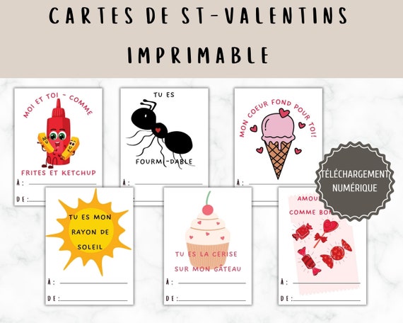 Cartes pour St-Valentins Imprimable pour enfants 8 Cartes, FRENCH Printable Valentine's Day cards for children 8 cards