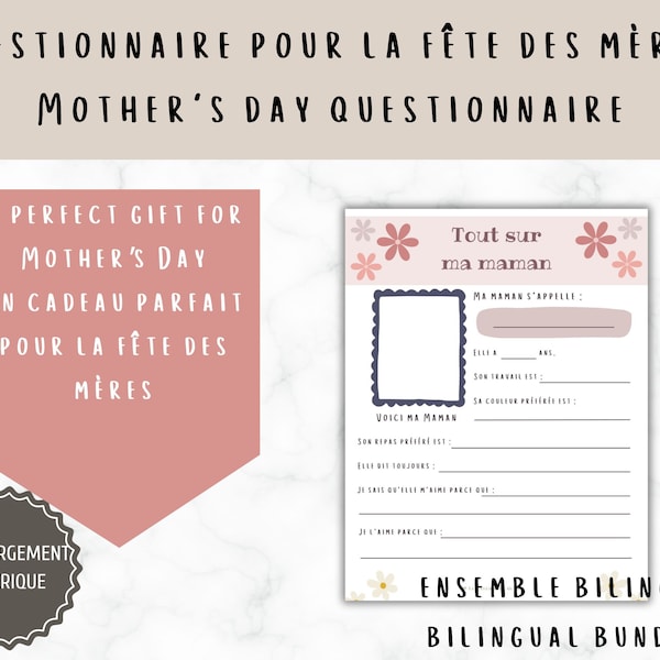 Questionnaire fête des mères pour enfant, Mother's day questionnaire for kids, mother's day printable gift, imprimable fête des mères