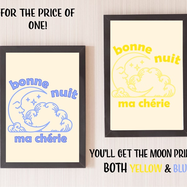 Trendy blue Typography French Quote Poster, ma cherie poster, Moon poster, Apartment aesthetic, dorm wall art decore, goodnight typographie