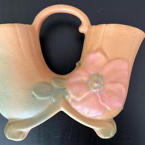 Antique Roseville Vase: Authentic Weller Wild Rose Pinkish-Orange Clay Floral. 1890-1950 Vintage American Pottery