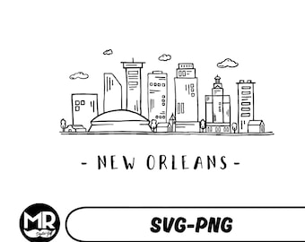 May include: Black and white line drawing of the New Orleans skyline, featuring the Superdome, tall buildings, and a church steeple. The text "NEW ORLEANS" is below the skyline.