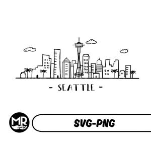 Può includere: Illustrazione in bianco e nero dello skyline di Seattle, con l'Space Needle, edifici, palme e nuvole. La parola "SEATTLE" è scritta sotto lo skyline. L'immagine include anche il testo "SVG-PNG".